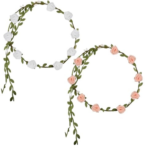 Luckious 2 Pcs Flower Crown Wreath Headband, Rose Garland Handmade Boho Style Headdresses Bridal Headpiece for Wedding, Holiday, Outing, Party (White + Yellow)