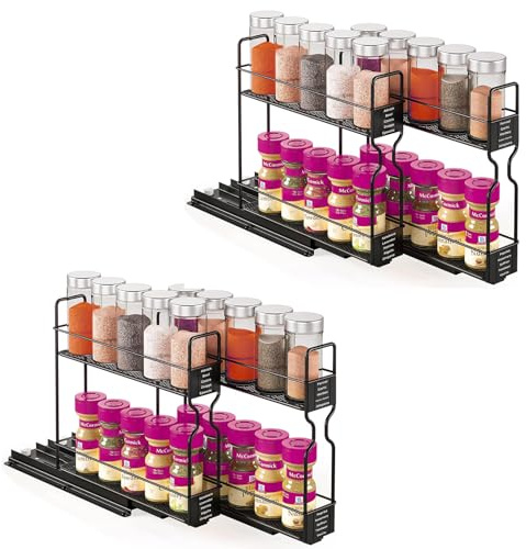 Warmiehomy 2 Pack Spice Rack Pull Out Spice Rack for Inside Cupboard, Black Kitchen Spice Rack Organiser Vertical Slide Out Cabinet Caddy Organiser Rack Metal Seasoning Rack Free Standing