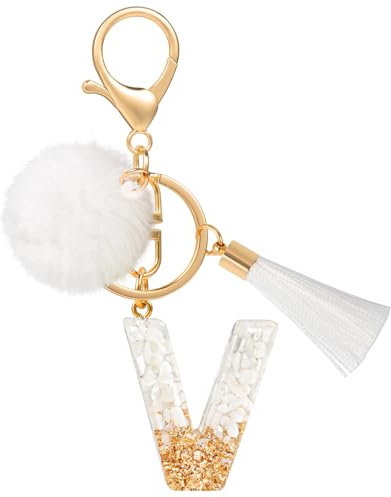 MWOOT Schlüsselanhänger Buchstabe V Bommel Quasten, Cute White Gold Keyring mit Namen, Schön Frau Personalisiert Keychain Auto Schlüsselanhänger, Tasche Dekoration Anhänger Schulanfang Geburtstag