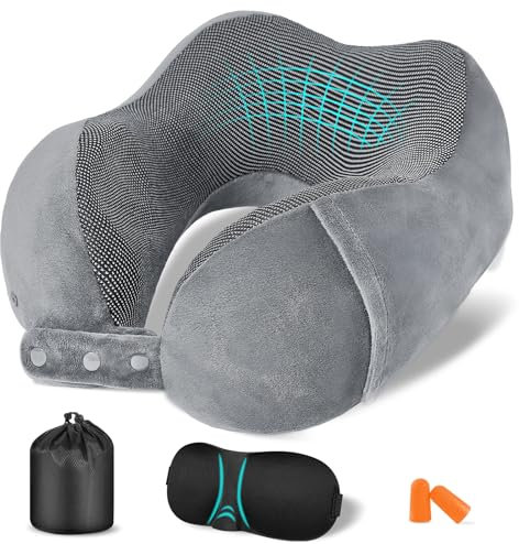 Jiancrate Nackenkissen Flugzeug, Nackenhörnchen Erwachsene, Reisekissen Memory Foam, Verstellbares Reisekopfkissen Reise, Schmalem Rückenteil, Travel Neck Pillow mit Schlafmaske, Ohrstöpsel,Grau