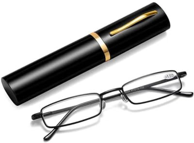 TPZORJX Gafas de lectura portatiles con forma de bolígrafo de metal para hombre y mujer Anteojos de lectura con bisagras de resorte con estuche para gafas como portalápices(negro,+2.0)