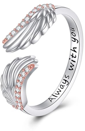 HUKKUN Engelsflügel Ring aus Sterlingsilber verstellbar Feder Zirkonia zierliche Wickelringe mit offenem Daumen für Damen