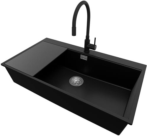 PRIMAGRAN Lavandino da Cucina Nero 88x50cm, Lavello da Cucina a 1 vasca + Sifone Classico + Rubinetto 40x13cm + Tagliere, Lavabo da Cucina Incasso al mobile 90cm - Oslo