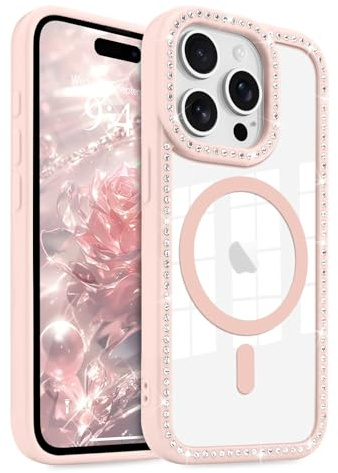 LCHULLE Magnetic Clear Glitter Phone Case for iPhone 14 Pro Max, Pink | Compatible with MagSafe, Bling Sparkly Diamond Rhinestone Cute Design for Women Girls, Hard PC Back Cover Soft TPU Bumper