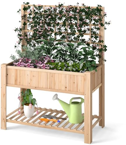 TANGZON Wooden Raised Garden Bed, Free Standing Elevated Planter Box with Removable Liner, Drainage Holes & Storage Shelf, Flower Pot Growing Box Container for Climbing Vines (Natural)