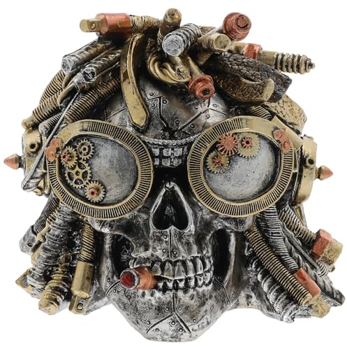 Gentleman Joe Steampunk Rasta Skull Figurine, Painted Resin, Industrial Mechanical Design, 15 x 18 cm, Bronze and Silver
