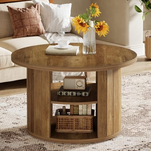 Tribesigns Round Coffee Table, 80 cm Living Room Table with 3-Tier Storage, Industrial Circle Center Table Sofa Side Table for Living Room, Rustic Brown