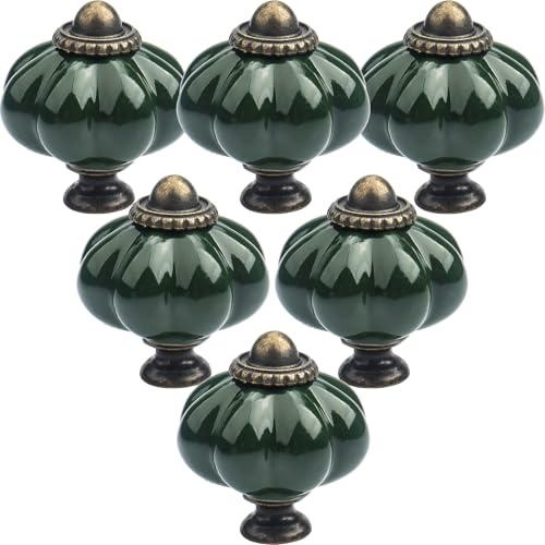LHNNDM 12pcs Ceramic Door Knobs,Light Green Pumpkin Ceramic Knobs with Screws, Antique Wardrobe Pull Handles for Kitchen Cupboards Cabinet Dresser (12, Dark Green)