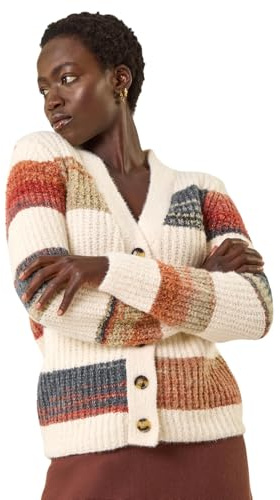 Roman Originals Stripe Buttoned Knit Cardigan for Women UK - Ladies Everyday Autumn Winter V-Neckline Comfy Soft Evening Vacation Work Party Night Out - Ivory - Size 12