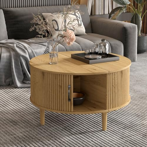 SJPVPYB Round Coffee Table with Hidden Storage for Living Room, Light Oak | Wood Tea Tables Flip Top Cabinet Door, space-saving, easy to clean minimalist modern for living room easy assembly