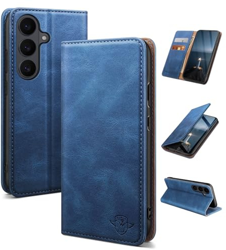 SUANDUCK for Samsung Galaxy S26 phone case magnetic leather flip case with RFID-blocking card compartment, adjustable stand and 360° drop protection with Samsung S26 Light Blue