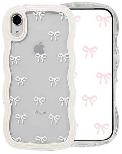 Riccase for iPhone XR Case Bow Curly Wave Frame Phone Case, Shockproof Clear Soft Transparent Silicone Protective Bumper Cover for Women Girls, White