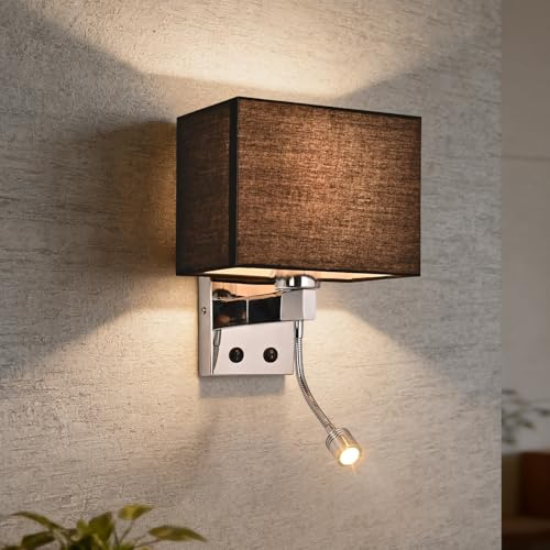 ZMH Indoor Wall Light for Bedroom Wall Light LED Spotlight | Black 360° Swivel Reading Lamp with Fabric Shade Modern Design E27 Socket with Switch for Hotels