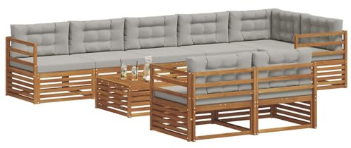vidaXL Outdoor-Sofagarnitur mit Kissen 9 pcs Natürlich und Hellgrau, Garten, modernes Sofa für draußen, schicke Lounge-Möbel, haltbar und bequem für Deine Terrasse