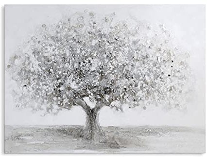 Casablanca Deko Wand Bild XXL - Leinwand auf Holz Rahmen - handgearbeitet Oberfläche Acrystruktur - Motiv: großer Baum - Farben: Weiss Grau Silber 120 x 90 cm