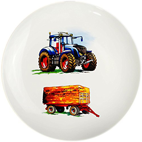 alles-meine.de GmbH großer Teller - Kinderteller - Traktor - Trecker mit Anhänger - Bauernhof - Ø 21 cm - aus Porzellan/Keramik - Speiseteller/Frühstücksteller/Eßteller..