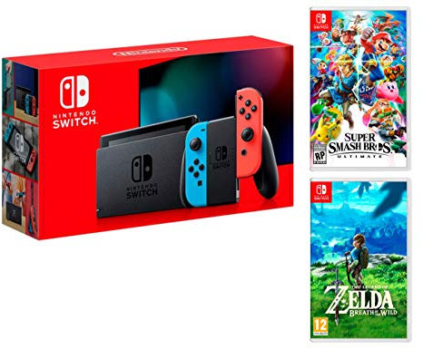 Nintendo Switch Rouge/Bleu Néon 32Go [Nouveau modèle] Super Smash Bros: Ultimate + Zelda: Breath of the Wild