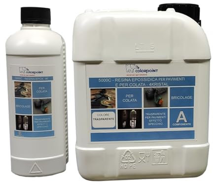 RESINA EPOSSIDICA TRASPARENTE LUCIDA AUTOLIVELLANTE PER PAVIMENTI - LEGNO - CEMENTO - MODELLISMO - BICOMPONENTE 5 Kg