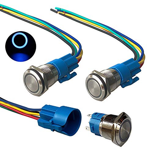 QitinDasen 3Pcs Premium 12V / 24V 5A Interruptor de Botón Momentáneo, 19mm Interruptor de Botón Metálico, LED Azul Interruptor Pulsador Impermeable IP67 con Enchufe de Cable