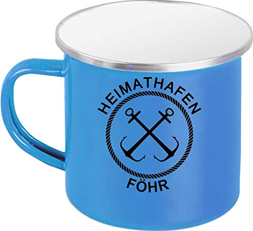 Shirtinstyle Emaille Kaffeepott Tasse Heimathafen Föhr Anker, Kaffeetasse Becher Retro Camping, Farbe Blau