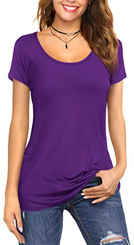 Florboom Longshirt Damen Kurzarm Baumwolle Tshirt Lang Bluse Sommer Tunika Lila S