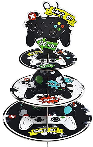 WERNNSAI 3 Etagen Karton Cupcake Ständer - Videospiel Party Dekorationen für Kinder Jungen Videospiel Tortenständer Kuchenständer Runder Serviertablettständer Videospiel Geburtstag Partyzubehör