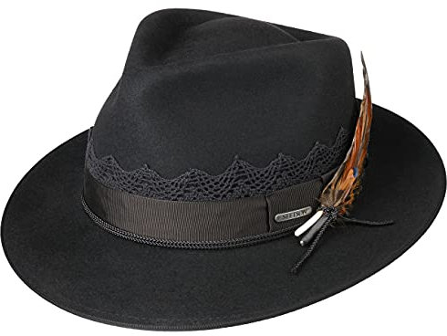 Stetson Lendott Fedora Haarfilzhut - Unifarbener Hut mit Kordel & Federn - Filz-Bogarthut mit Ripsbandgarnitur - Made in The EU - Unisex - Herbst/Winter schwarz 57 cm