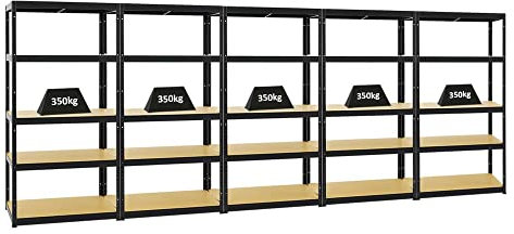 PROREGAL Mega Deal 5er-Set Schwerlastregale Slim Elephant 180x90x45cm mit 5 Ebenen Fachlast 350kg Schwarz