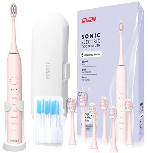PERECT Ultrasonic Electric Toothbrush Adults with 6 Brush Heads, 5 Modes Electric Toothbrush, Travel Rechargeable Power Toothbrush with Smart Timer &Travel Case & Soft Picks, IPX7 Waterproof, Pink