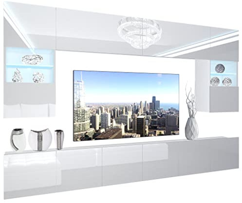 BELINI Wohnwand Vollausstattung Wohnzimmer-Set Moderne Schrankwand mit LED-Beleuchtung Anbauwand TV-Schrank Weiß
