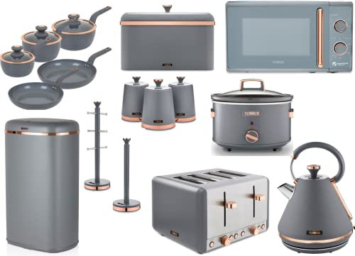 Tower Cavaletto Complete Kitchen Set of 16 in Grey - Pyramid Kettle, 4 Slice Toaster, Microwave, 3.5L Slow Cooker, Bread Bin, 3 Canisters, Mug Tree, Towel Pole, 5 Piece Pan Set & 58L Sensor Bin