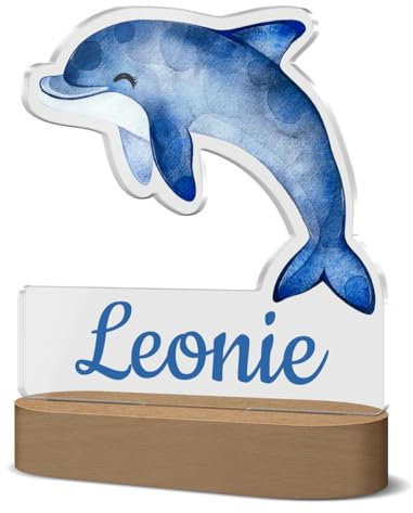 Delfin Nachtlicht mit buntem Design und Namen | LED-Licht aus Acrylglas & Holzsockel mit USB-Kabel | Für kleine und große Kinder zB als Schlummerlicht oder Stilllicht