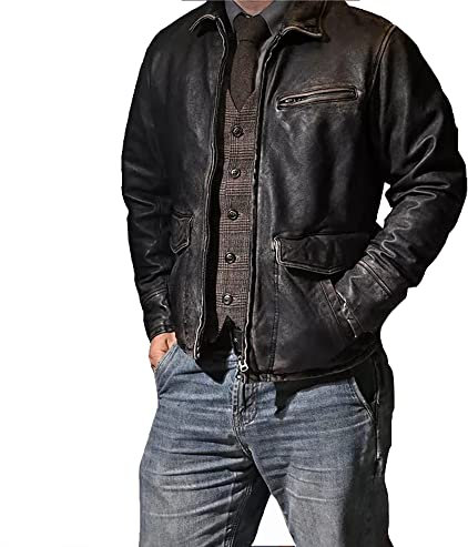 Giacca in vera pelle da uomo, in vera pelle di agnello, realizzata in pelle invecchiata in stile vintage, Distress Nero, L
