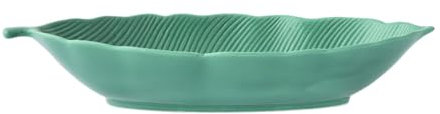 COFFRET PLAT CREUX 36x16CM FORME FEUILLE TROPICAL VERT CLAIR EN PORCELAINE