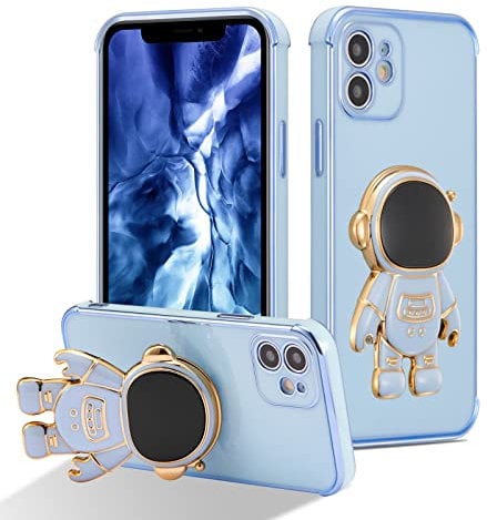RALEAVO Compatible with iPhone 12 (6.1) Case with Cute Astronaut Kickstand Design Shockproof Plating Phone Case for iPhone 12-Blue