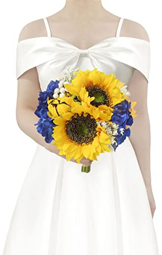 Ciandid Sonnenblumensträuße für Braut – gelbe Sonnenblume & blaue Hortensien künstliche Blumen Wurfstrauß – Brautstrauß für Outdoor, rustikale Hochzeitszeremonie, Jahrestag
