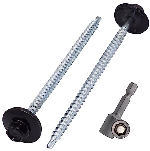 SKIR'CO (10 Stück) lackierte Dachschrauben 4,8 x 100 mm, Sechskantkopf, selbstbohrende Schrauben mit EPDM-Unterlegscheiben (Tiefschwarz, RAL 9005)