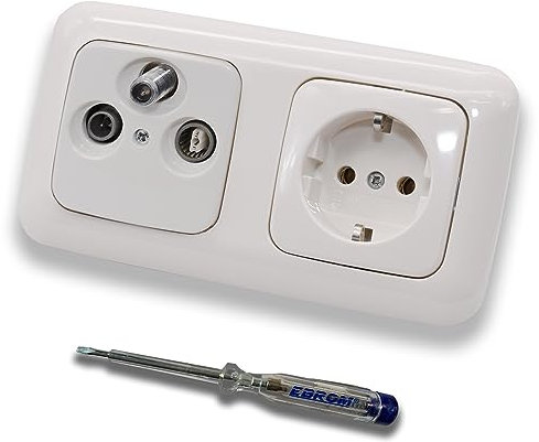 Busch Jäger SET: Unterputz 3-Loch Dose 47-2150 MHz, Enddose Stichdose, Radio/TV/SAT-Kompatibilität + ReflexSi alpinweiß 2fach Rahmen + Steckdose 20 EUC-214 + EBROM Phasenprüfer zur Montage der Geräte