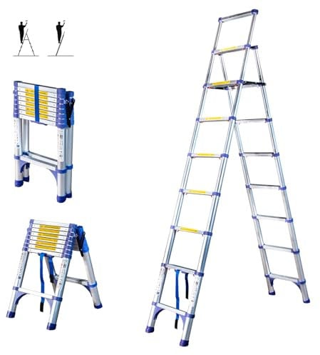 Escabeau 9 marches telescopique EXTENDACT9, Echelle telescopique 2,6m+2,3m, escabeau Pliable télescopique, H Max Travail 4,1m, Garantie 5 Ans, Hostrom