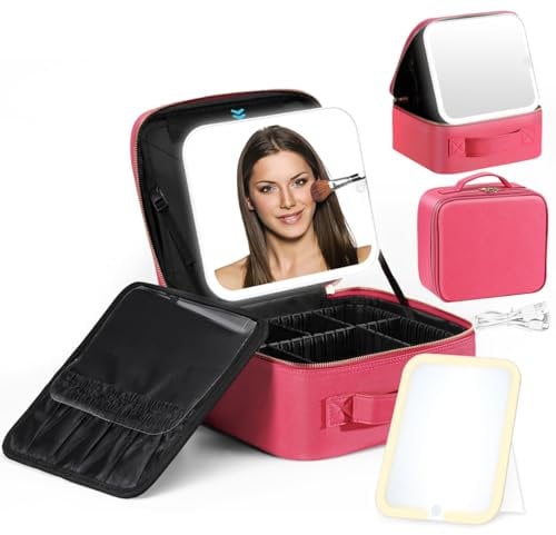 Luxspire Damen Kosmetiktasche mit Spiegel, 3 Farbe LED Licht Schminkspiegel Reise Makeup Tasche Leder Schminktasche Kosmetikkoffer Groß Kosmetiktasche Reise Handtasche Kosmetika Organizer, Magenta