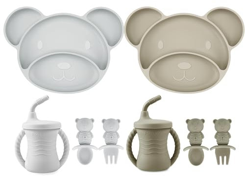 PandaEar 8 Stück Silikon Kindergeschirr Set, Kinder Teller Set, Baby Geschirrset, 2 Unterteilte Kinderteller mit Saugnapf, 2 Trinkbecher mit Strohhalm, 4 Baby Löffel Gabeln Set