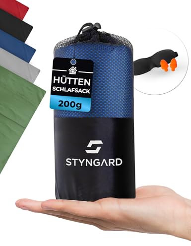 STYNGARD 2in1 Hüttenschlafsack Ultraleicht aus Mikrofaser [200g] - Ultraleichter Schlafsack kleines Packmaß - Dünner Schlafsack Inlett leicht & weich - Modell Hanoi (mit Reißverschluss, Blau)