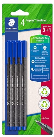 STAEDTLER Fineliner Triplus, Blau, 4 Stück, 3 + 1 Stück