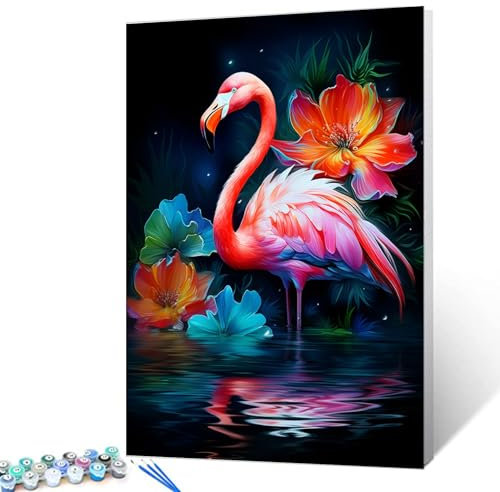 Tucocoo Rosa Flamingo, Malen nach Zahlen, Kits mit Pinseln und Acrylpigment auf Leinwand, Gemälde für Erwachsene, abstrakte Seerose, niedliches Tierbild für Heimdekoration, Geschenke, 40 x 50 cm
