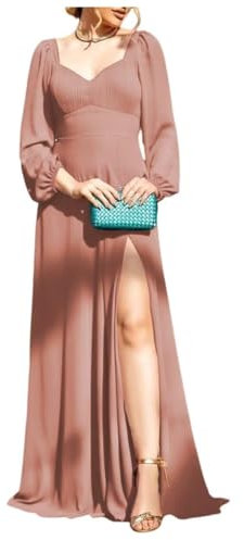 WSEYU Robe de demoiselle d'honneur maxi en mousseline de soie avec fente haute et manches longues Robe de soirée formelle, A-rose poudré, 42