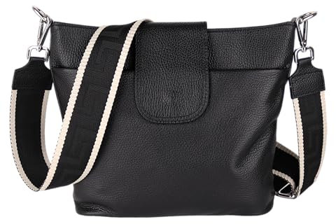 MIRROSI® Umhängetasche Damen, Echtleder, Made in Italy, BOHO Style30x24,50x9cm (BXHXT) viel Stauraum, Handtasche, Brusttasche, Crossbody Bag (1 Tasche & 2 Gurte) (Schwarz (Unifarbe))