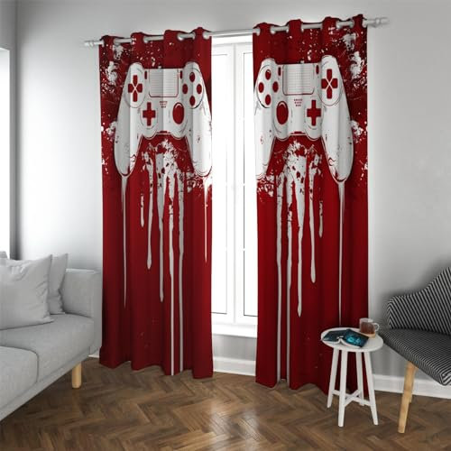 CHERHERART Gamer Theme rote Vorhänge für Jungen Schlafzimmer Game Controller Graffiti Gaming Player Teen Kids 2 Paneele Fensterbehandlung für Wohnzimmer B140xH260