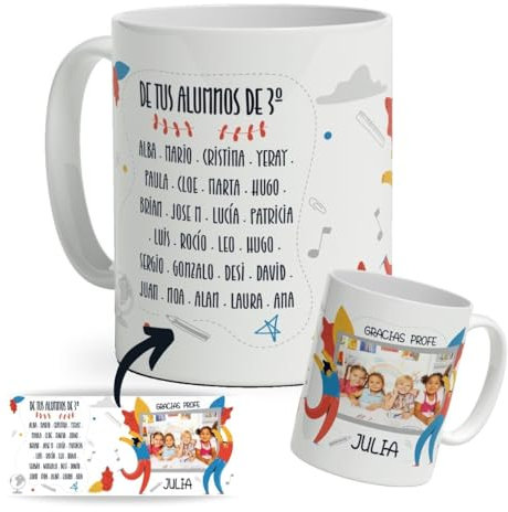 DEREGALOOS Taza Personalizada con nombre y foto para Profesores. Tazas de Desayuno personalizada Profesores. Regalo Original para Profes. Regalo Mejor profe. Regalo fin de curso.