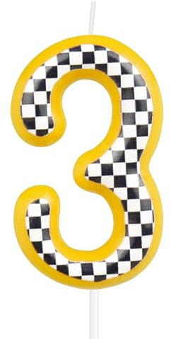 mciskin Racing Cars Birthday Candles, Yellow Cars Number 3 Candles for Cake,Girl Boy 3rd Birthday Decorations, Black and White Stripes Racing Theme for Girls Boys Men Birthday Party Supplies