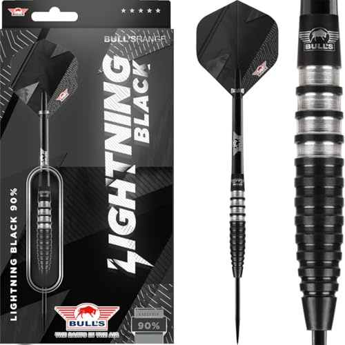 Bull’s Lightning Black 90% Tungsten Steeltip Darts - Hochwertige Präzisionsdarts mit Ringgriff, Gerade Barrels, Gewicht 23g - Perfekt für Anfänger & Profis